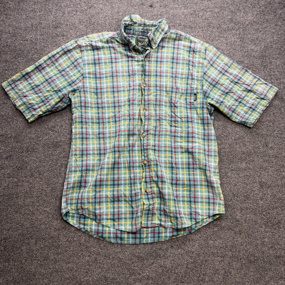 Woolrich Mens Plaid Short Sleeve Button Down Shirt Teal Yellow Red Medium